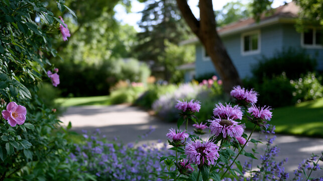 Sunshine dances on vibrant blooms in a tranquil suburban backyard garden at midday Generative AI