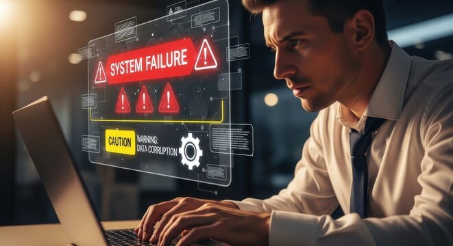 Man with laptop sees system failure alert