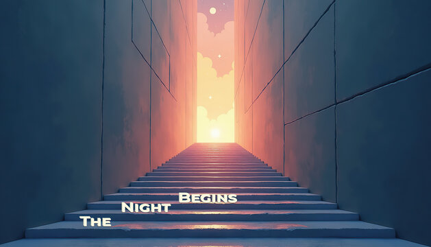 Staircase leading to the future, a mystical atmosphere, an overlay of the text "The Night Begins". The concept of stepping into the future from the threshold of the prom