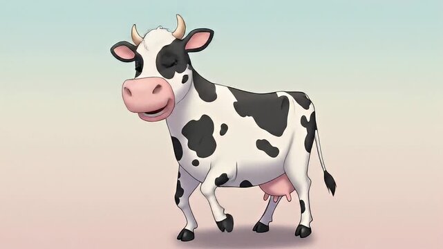 Cartoon cow stands against a simple backdrop of pale colors