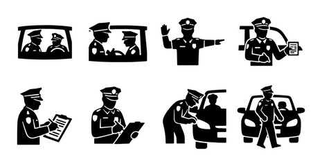 Police Officer Icons, Law Enforcement Symbols, Traffic Stop and Patrol Vector Graphics, Justice and Security Pictograms © Ashraful