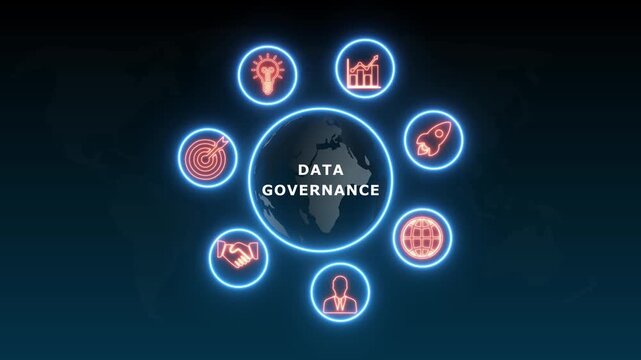 shows glowing neon line banner of DATA GOVERNANCE concept with icons of business, responsibility, customers, integrity, goals, teamwork, commitment and innovation .4k video animation
