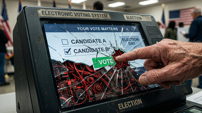 Voter manipulation and election interference shown through broken voting machine with digital wires and hacker influence