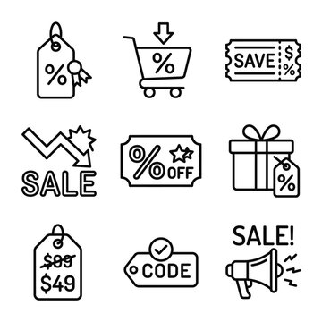 Vector line icons for retail sales, discounts, and promotions. Features price tags, shopping carts, coupon codes, and special offers, ideal for e-commerce and marketing graphics