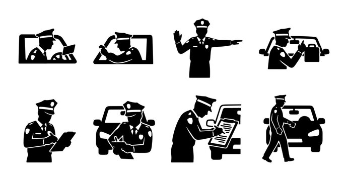 Police Officer Icons Set: Traffic Control, Driving, Law Enforcement Actions, Vehicle Interaction, Legal Enforcement, Public Safety, Security Services