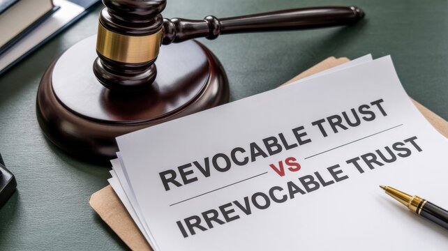 Legal document showing comparison between revocable trust and irrevocable trust with gavel and pen on desk.