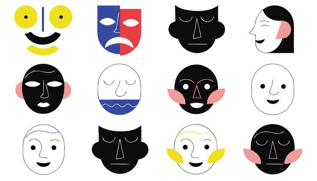 Vector illustration of stylized human faces and theatrical masks showing diverse emotions and expressions