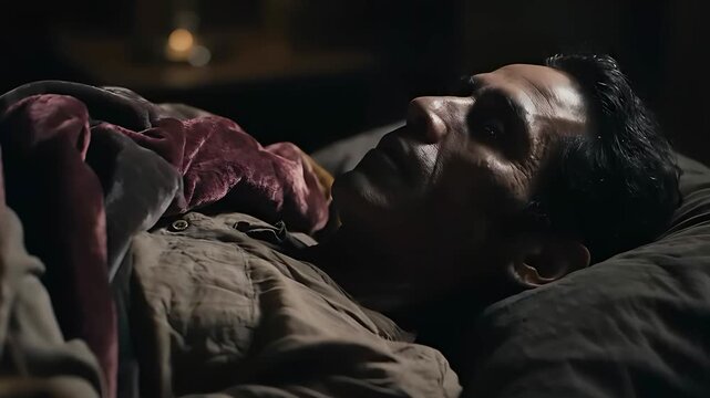 Man lying awake in bed at night with a pensive expression. Close-up on the face of a middle-aged male suffering from insomnia. Mental health and depression concept for healthcare awareness.