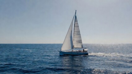 Fototapeta premium Sailboat sailing through choppy blue ocean under sun