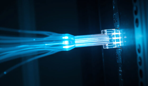 Optical Fiber Cable with Glowing Blue Data Transmission in Server Environment