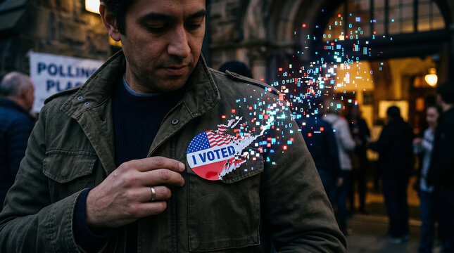 Voter stands outside polling place with I Voted sticker as digital data swirls around indicating election interference