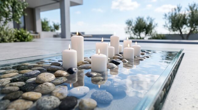Elegant outdoor water feature with lit candles and smooth stones, perfect for a serene wedding ceremony or tranquil ambiance.