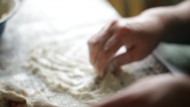 A woman in her home kitchen prepares dumplings with potatoes and mushrooms by hand