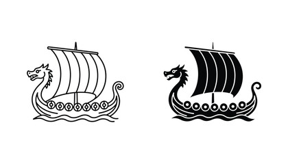 Viking longship with dragon head prow and striped sail vector illustration featuring historical Norse ship design in outline and solid black silhouette styles for maritime and historical themes © Chris