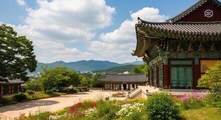 Fototapeta premium Traditional Korean temple with mountain view and summer flowers