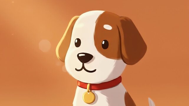 Cartoon dog with brown patches, wearing a red collar and gold tag, on peach background