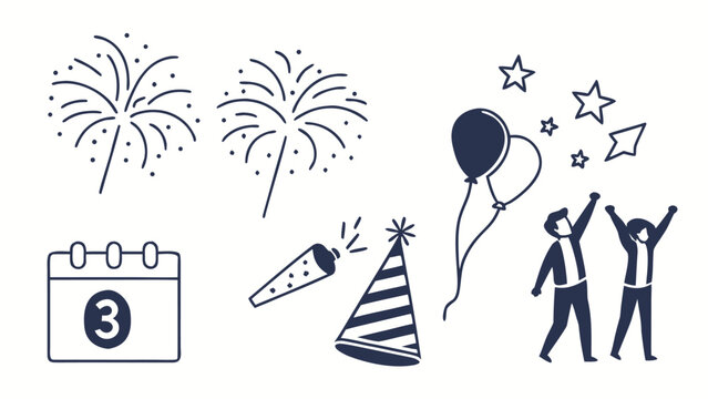 Vector illustration celebration doodle set featuring fireworks party hats balloons and happy people, firework