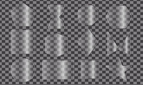 Collection of glass morphism elements featuring rounded rectangles squares and circles more geometric shapes. Glass light and dark gray projects on transparent background