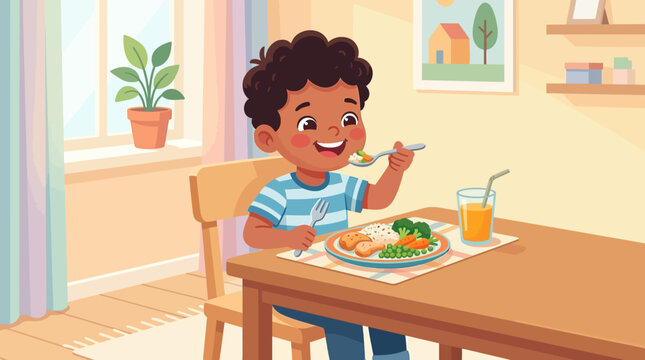 A cute flat vector illustration of a happy young boy eating a meal at the dining table.