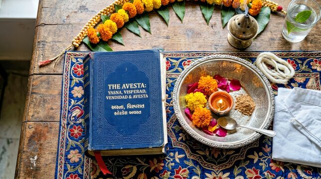 Zoroastrian Religious Ritual Scene With Ancient Avesta Book and Floral Offering Display Zoroastrianism