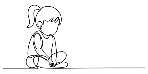 Little girl sitting alone one line drawing isolated on white background, Vector © Nikhil Ray