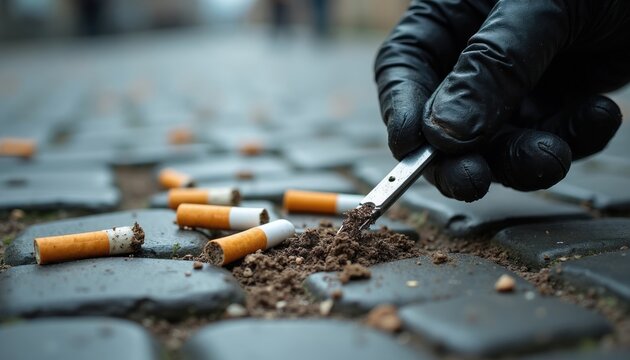 Gloved hand picks up cigarette butts on cobblestone street. Close-up on rubbish cleaning action to remove urban trash. Recycling and environment care.