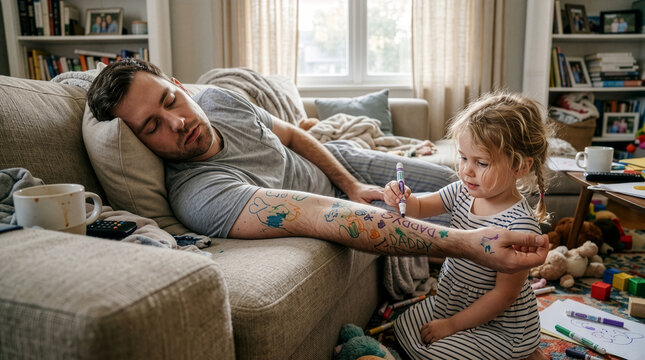 Heartwarming and humorous Father&rsquo;s Day lifestyle image showing realistic parenting exhaustion and playful family bonding at home.