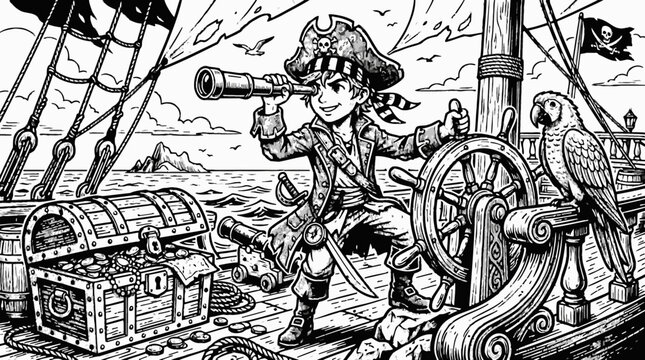 Vintage pirate vector illustration, black and white engraved line art buccaneer with flintlock pistol and treasure chest on ship deck, nautical adventure design for posters