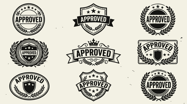 Vintage grunge approved stamp collection, black and white rubber seal emblems with laurel wreaths, banners and stars. Vector approval badges for packaging, labels and UI