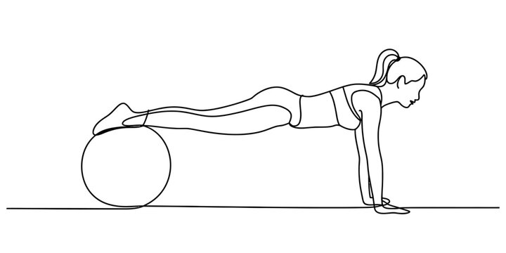 Woman doing a plank exercise on a fitness ball line art isolated on white background, Vector