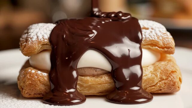 Close-up of a rectangular flaky puff pastry filled with thick white cream and mocha mousse, topped with powdered sugar as liquid dark chocolate sauce is poured over the top crust.