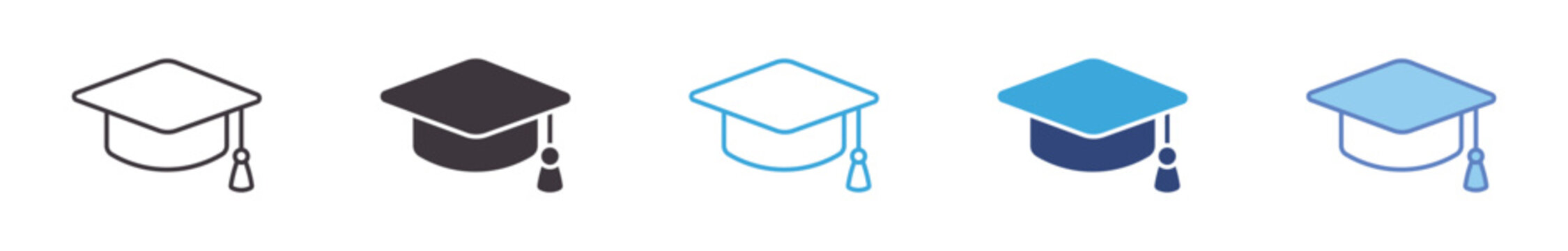 Graduation Cap Icon Set, Academic achievement, university education, student success, and learning symbol vector icons.
