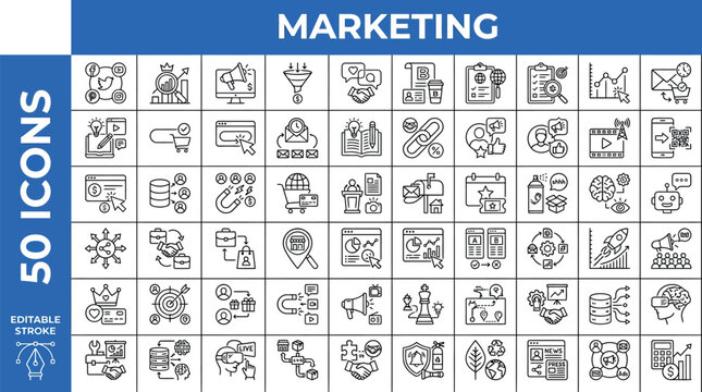 Marketing collection displays fifty distinct vector icons tailored for modern advertising campaigns and consumer engagement analysis.
