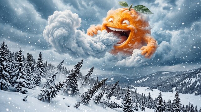 Giant anthropomorphic orange character exhaling winter snow storm over snowy mountain forest landscape