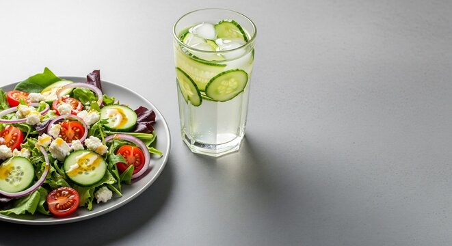 Fresh Salad and Refreshing Cucumber Water on a Gray Surface.
