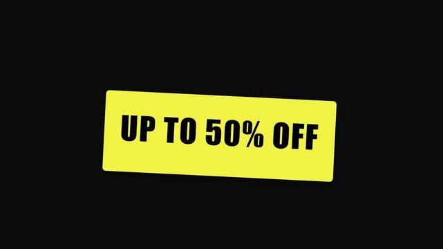 Up to 50 percent off in yellow button animation on black background