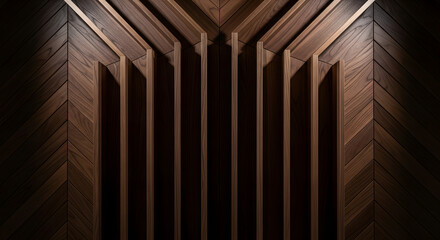 Fototapeta premium Dark wooden wall texture with vertical slats and chevron pattern
