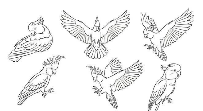 Cockatoo Parrot Set in Various Poses, Detailed Line Art Collection