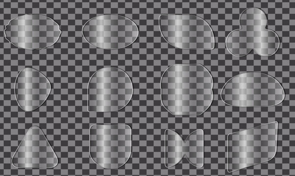 Realistic glass plate panel texture with shiny glossy Glassmorphism transparent geometric shapes set. on isolated background rectangle gradient glass window.