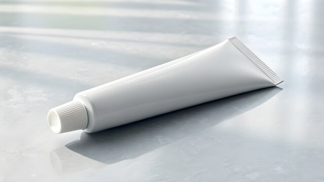 Toothpaste Tube Centered On Neutral Gray Background, Clean Dental Hygiene Concept Highlighting Minimal Design, Modern Health Routine, Purity, And Fresh Everyday Care