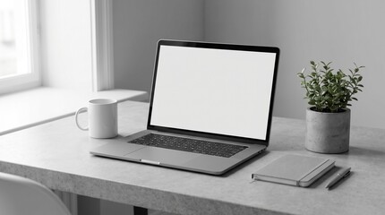 Fototapeta premium Modern minimalist workspace featuring a laptop with a blank screen, a white mug, and a potted plant on a grey desk by a window.