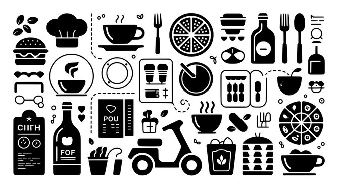 Food and drink icons: burger coffee pizza fork spoon bottle