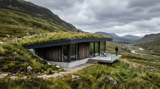 Minimalist hillside building with living roof, modern design, grass roof, minimalist, retreat, architecture, sustainable