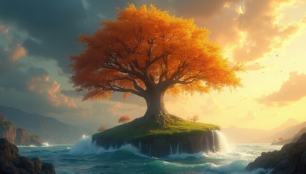 Dramatic island with a vibrant tree stands against a stormy sky and ocean waves. Waterfall cascades from the island edge, surrounded by misty mountains and a glowing sunset.
