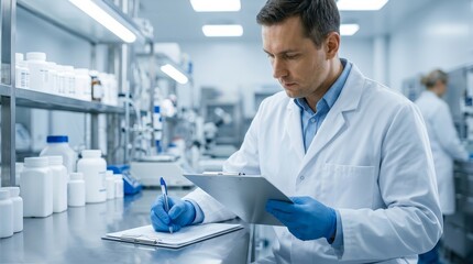 Fototapeta premium A professional in a white lab coat writing on a clipboard during a biomanufacturing inspection.