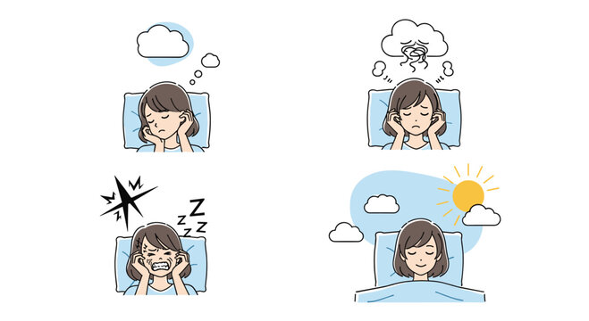 Woman in bed displays different sleep experiences including peaceful dreaming, stressful nightmares, and waking up feeling refreshed.