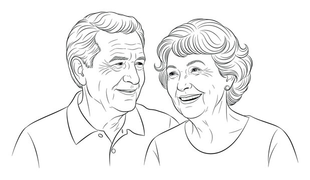 Smiling elder couple in a warm line art portrait, perfect for family and health marketing.
