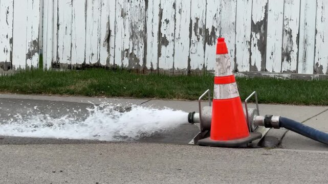 Water flushes from a hydrant pipe into a street drain, marked by an orange safety cone against a weathered white wooden fence background.