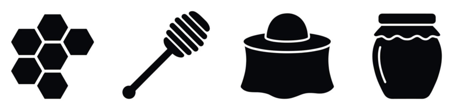 Silhouetted honey and beekeeping symbols for sweet food packaging, natural product labels, or organic farm graphics