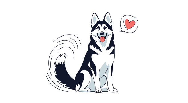 Happy siberian husky dog sits with its tongue out and a wagging tail next to a heart speech bubble illustration.